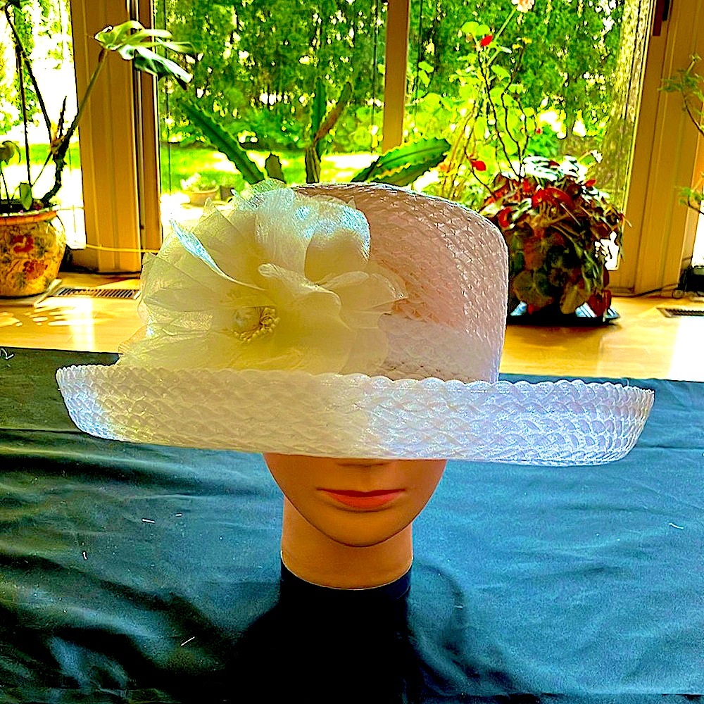 White Wide-Brimmed Hat With Off White Pearl Floral Accent
